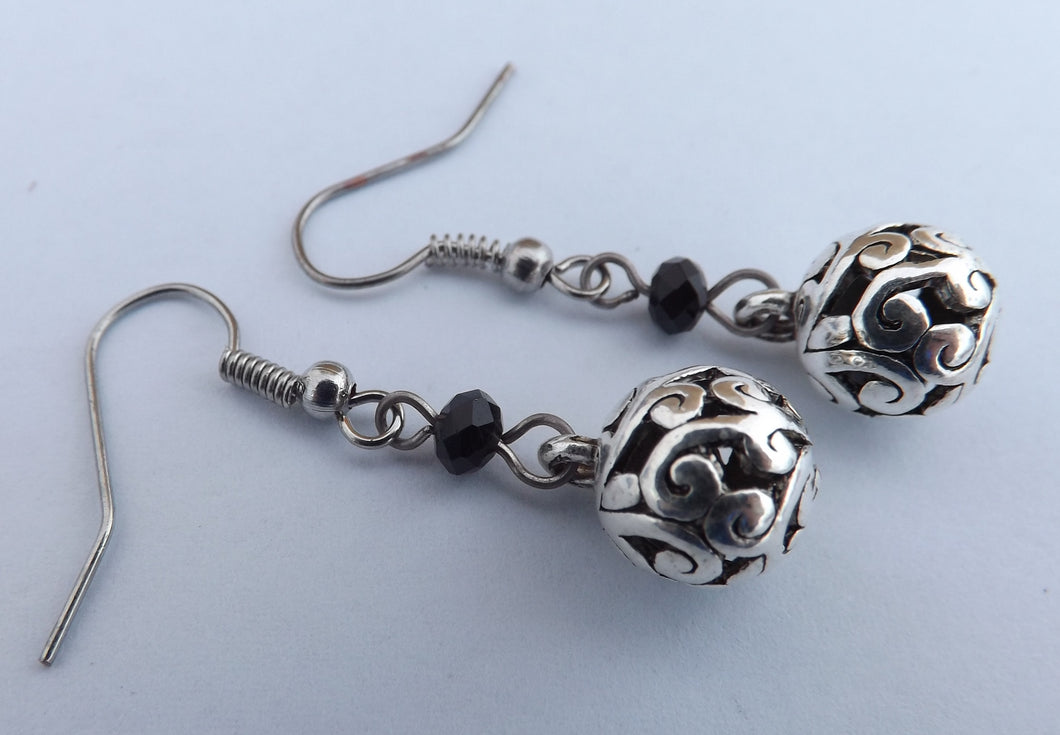 Black Crystal Cut Bead & Hollow Round Silver Tone Drop Earrings