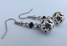 Load image into Gallery viewer, Black Crystal Cut Bead &amp; Hollow Round Silver Tone Drop Earrings
