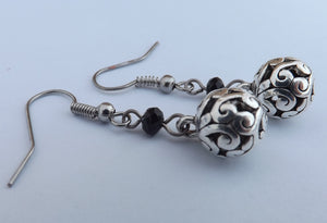 Black Crystal Cut Bead & Hollow Round Silver Tone Drop Earrings