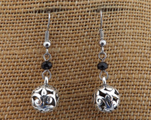 Load image into Gallery viewer, Black Crystal Cut Bead &amp; Hollow Round Silver Tone Drop Earrings
