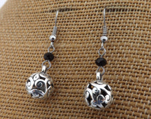 Load image into Gallery viewer, Black Crystal Cut Bead &amp; Hollow Round Silver Tone Drop Earrings
