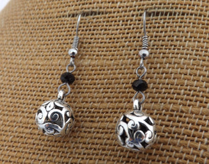 Black Crystal Cut Bead & Hollow Round Silver Tone Drop Earrings