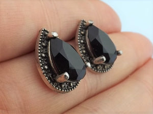 Faceted Black & Silver Tone Stud Earrings