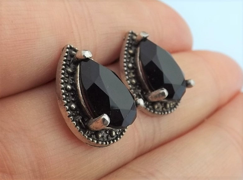 Faceted Black & Silver Tone Stud Earrings