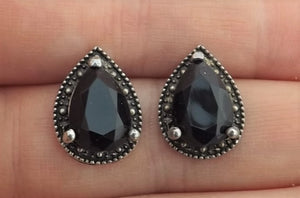 Faceted Black & Silver Tone Stud Earrings