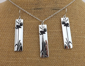 Fantail on Flax, Silver Tone Rectangle Pendant Necklace & Earrings (available separately)