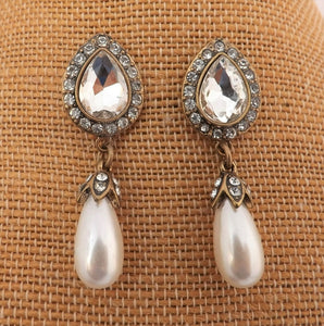 Faux Diamond & Pearl, Gold Tone Earrings