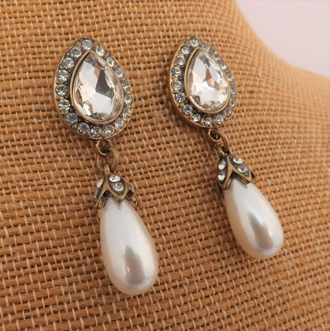 Faux Diamond & Pearl, Gold Tone Earrings