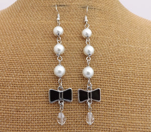 Faux Pearl & Black Bow Long Drop Earrings