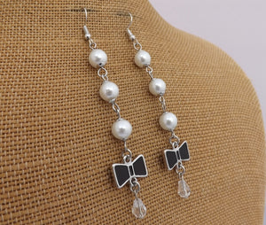 Faux Pearl & Black Bow Long Drop Earrings