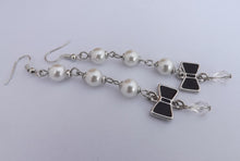 Load image into Gallery viewer, Faux Pearl &amp; Black Bow Long Drop Earrings
