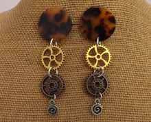 Load image into Gallery viewer, Faux Tortoiseshell Acrylic &amp; Steampunk Clockworking Drop Earrings

