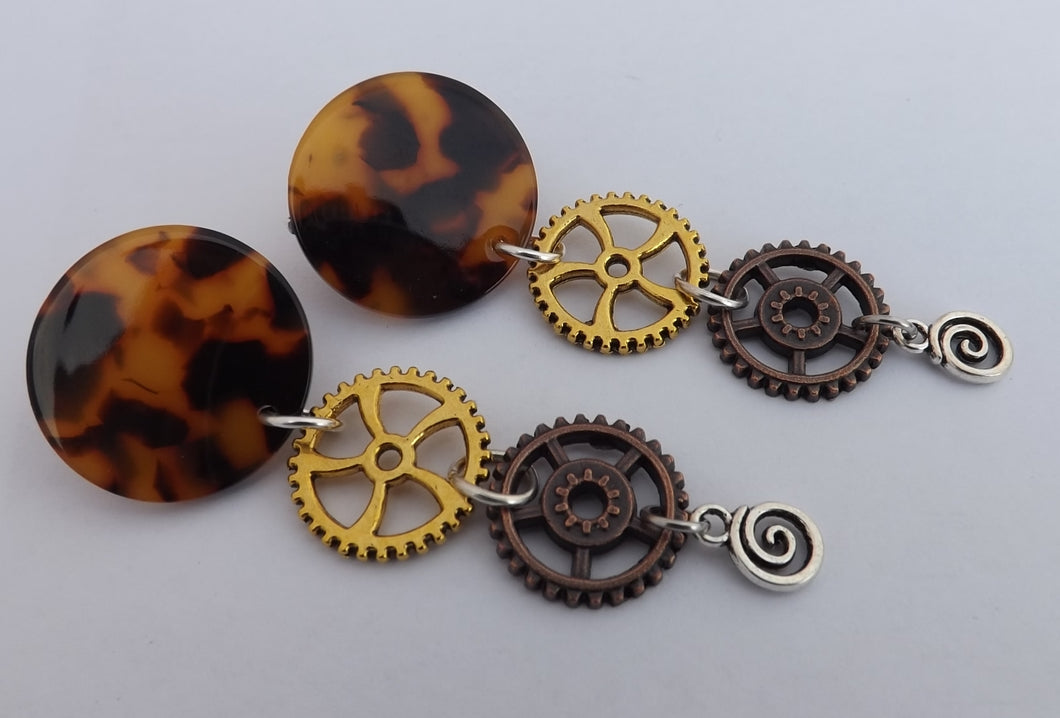 Faux Tortoiseshell Acrylic & Steampunk Clockworking Drop Earrings
