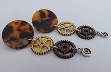 Load image into Gallery viewer, Faux Tortoiseshell Acrylic &amp; Steampunk Clockworking Drop Earrings

