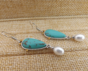 Faux Turquoise & Pearl Silver Tone Drop Earrings