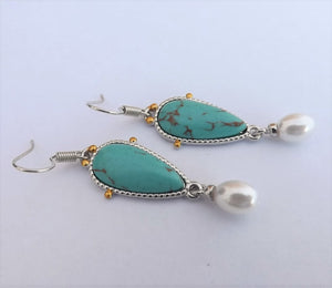 Faux Turquoise & Pearl Silver Tone Drop Earrings