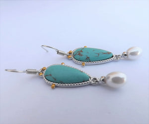 Faux Turquoise & Pearl Silver Tone Drop Earrings