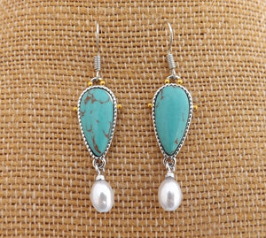 Faux Turquoise & Pearl Silver Tone Drop Earrings