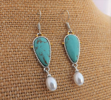 Load image into Gallery viewer, Faux Turquoise &amp; Pearl Silver Tone Drop Earrings
