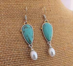 Faux Turquoise & Pearl Silver Tone Drop Earrings