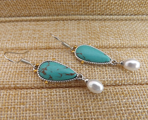 Faux Turquoise & Pearl Silver Tone Drop Earrings