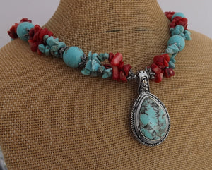 Faux Turquoise & Red Bead Necklace