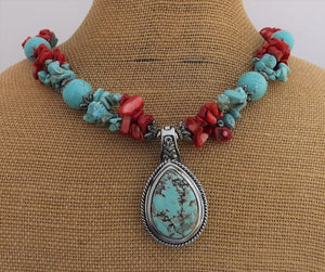 Faux Turquoise & Red Bead Necklace