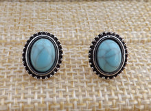 Load image into Gallery viewer, Faux Turquoise &amp; Silver Oval Stud Earrings
