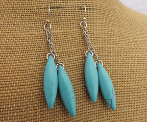 Faux Turquoise & Silver Tone Chain Drop Earrings on Sterling Silver Hooks