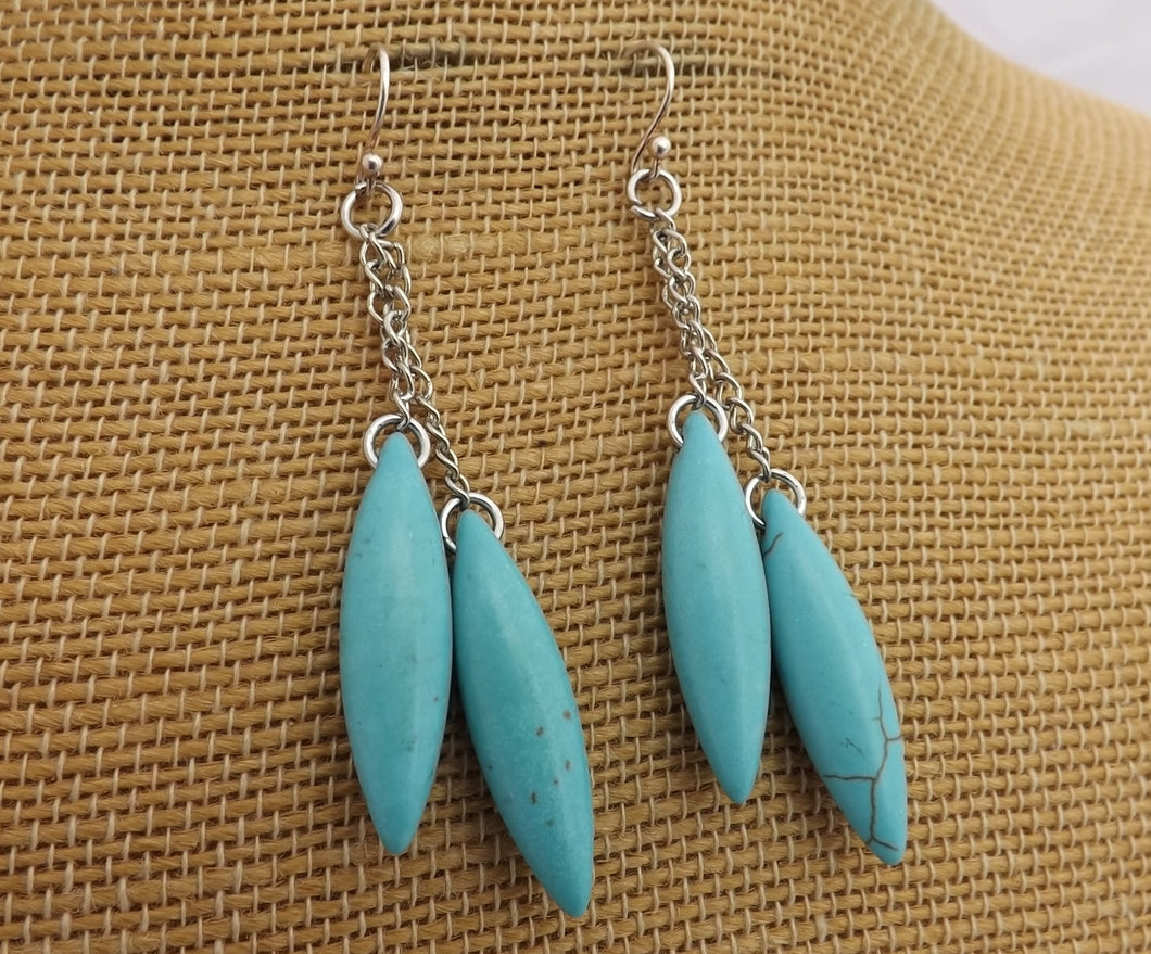 Faux Turquoise & Silver Tone Chain Drop Earrings on Sterling Silver Hooks