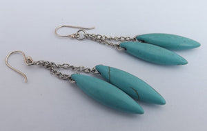 Faux Turquoise & Silver Tone Chain Drop Earrings on Sterling Silver Hooks