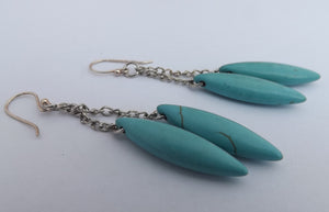 Faux Turquoise & Silver Tone Chain Drop Earrings on Sterling Silver Hooks