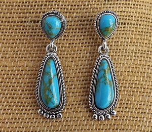 Faux Turquoise & Silver Tone Drop Earrings with Stud Setting