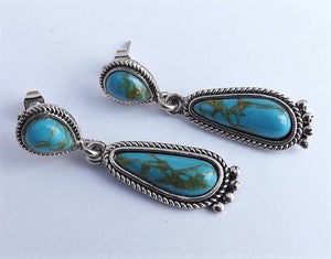 Faux Turquoise & Silver Tone Drop Earrings with Stud Setting