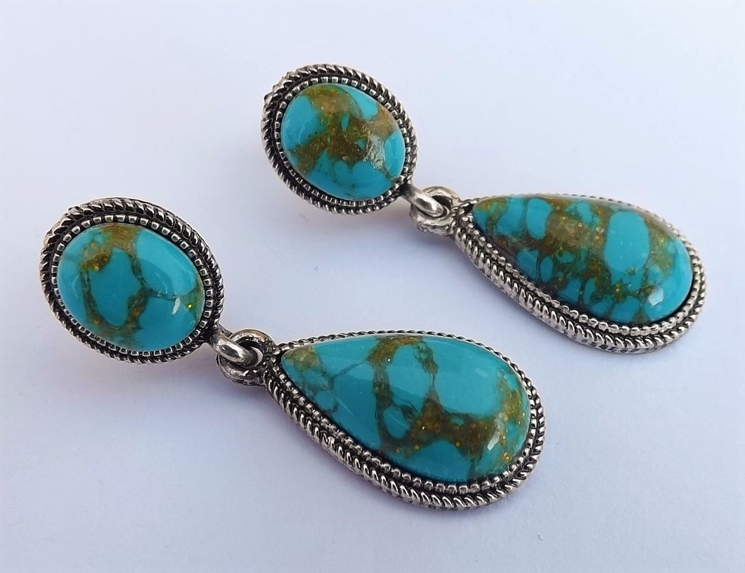 Faux Turquoise & Silver Tone Drop Earrings, Stud Setting