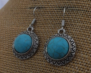 Faux Turquoise & Silver Tone Round Drop Earrings