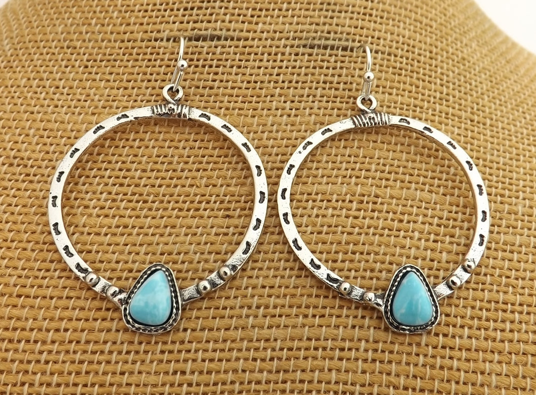 Faux Turquoise & Silver Tone Round Drop Earrings