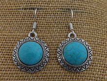 Load image into Gallery viewer, Faux Turquoise &amp; Silver Tone Round Drop Earrings
