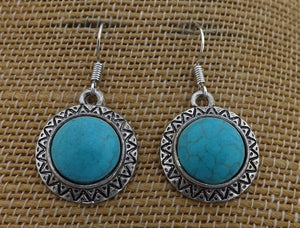 Faux Turquoise & Silver Tone Round Drop Earrings