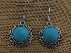 Faux Turquoise & Silver Tone Round Drop Earrings