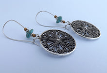 Load image into Gallery viewer, Faux Turquoise &amp; Silver Tone Round Drop Earrings on Long Kidney Hooks
