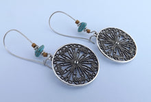 Load image into Gallery viewer, Faux Turquoise &amp; Silver Tone Round Drop Earrings on Long Kidney Hooks
