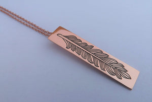 Feather on Rose Gold Tone Rectangle, Pendant Necklace