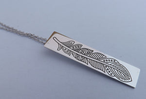 Feather in Rectangle Silver Tone Pendant Necklace