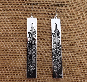 Fern in Long Rectangle, Silver Tone Drop Earrings