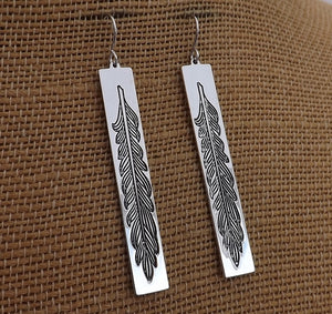 Fern in Long Rectangle, Silver Tone Drop Earrings