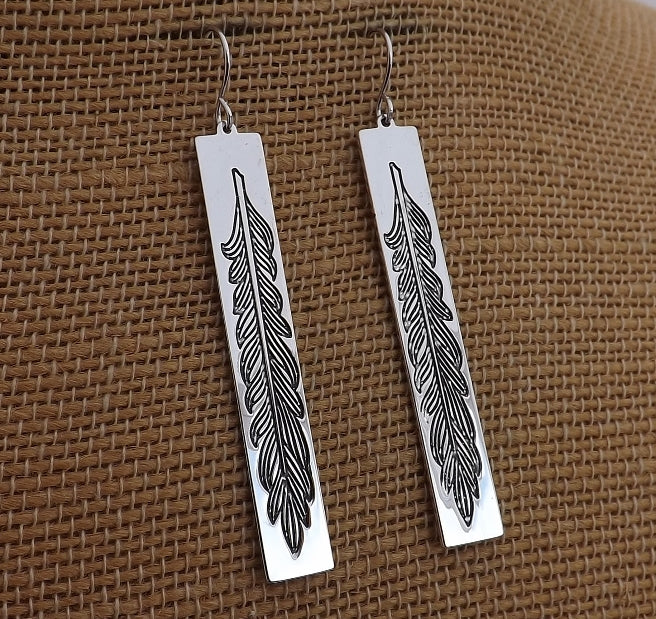 Fern in Long Rectangle, Silver Tone Drop Earrings