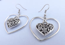 Load image into Gallery viewer, Filigree Heart, Silver Tone Drop Earrings
