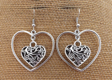 Load image into Gallery viewer, Filigree Heart, Silver Tone Drop Earrings
