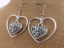 Load image into Gallery viewer, Filigree Heart, Silver Tone Drop Earrings
